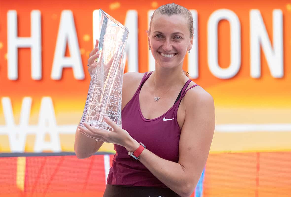 Petra Kvitova, the two-time Wimbledon champion, claimed her 30th WTA singles title with a straight sets victory over Elena Rybakina at the Miami Open on Saturday.