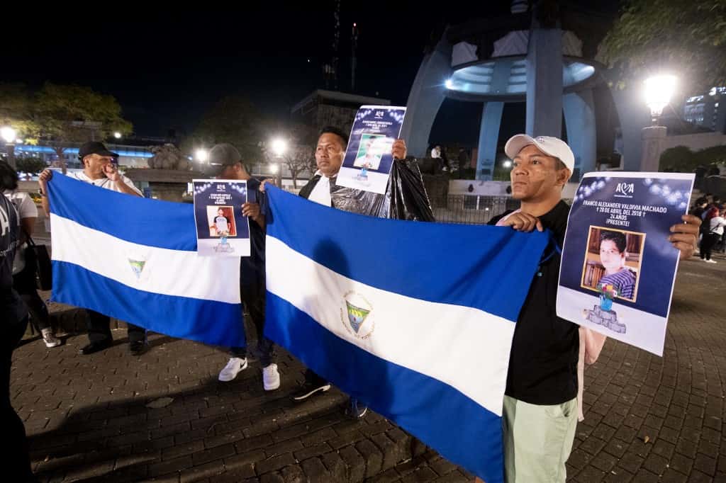 Nicaraguans living in Costa Rica hold a demonstration to commemorate Nicaragua's national Day of Peace