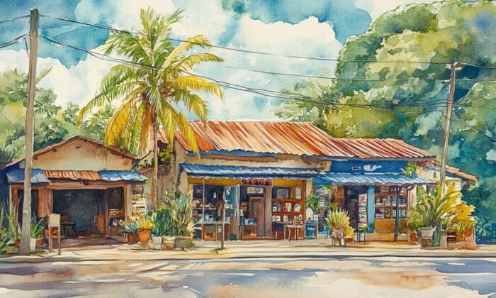 Watercolor painting of a Costa Rican barrio showcasing a lively row of small shops