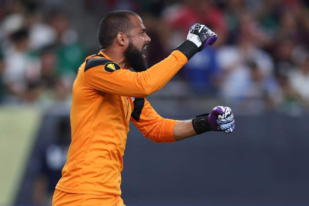 Edrick Menjívar #1 of Honduras reacts after Panama misses a penalty kick in the 2025 CONCACAF Gold Cup quarterfinal match at State Farm