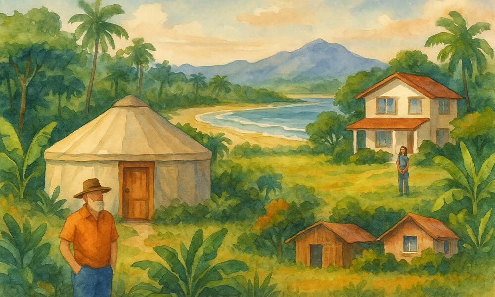 Watercolor of Costa Rica with a man near a yurt and a woman near a modern house by jungle, beach, and mountain