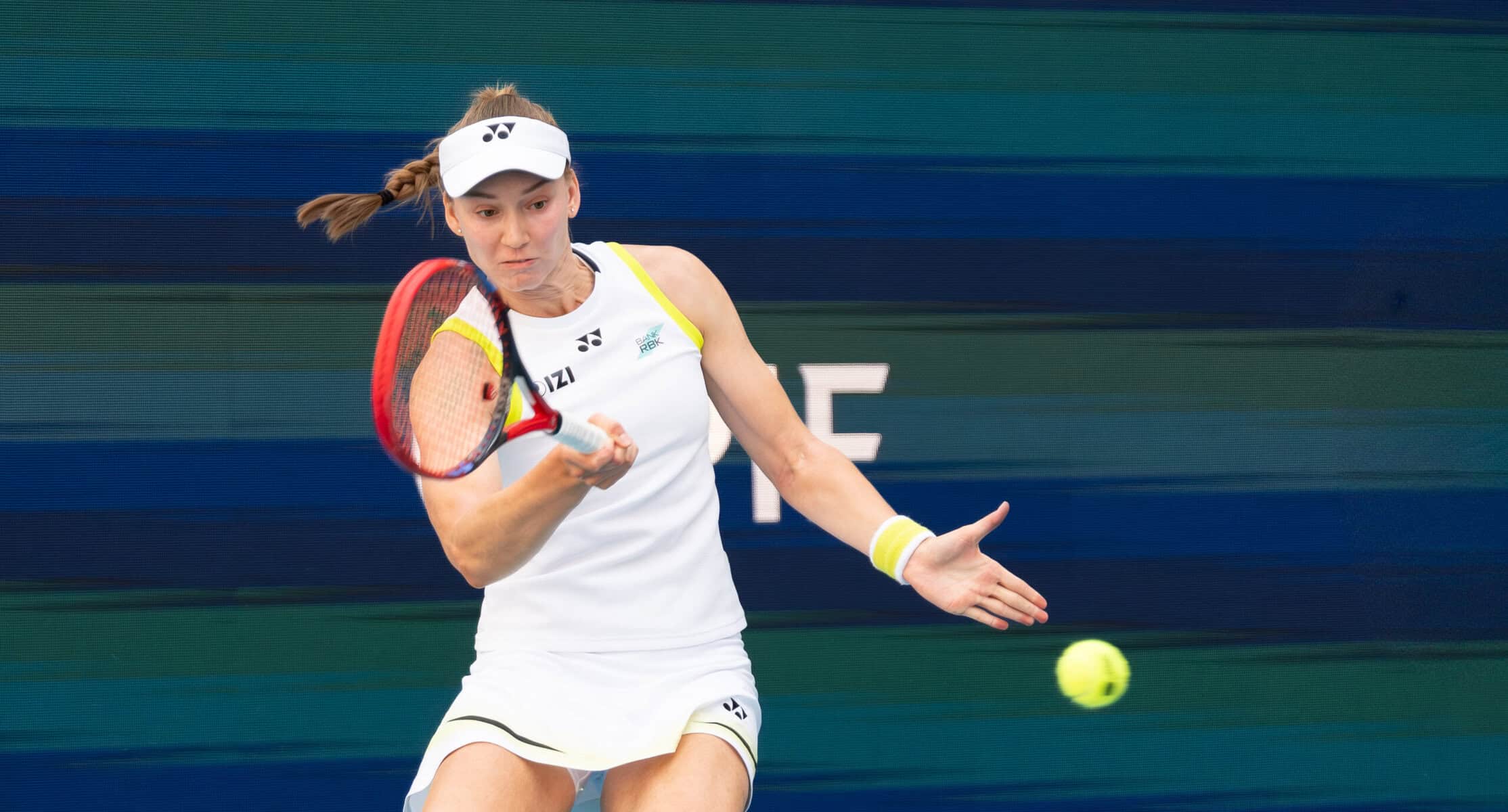Elena Rybakina hits a forehand against Jessica Pegula at the Miami Open 2026 quarterfinal in Miami Gardens