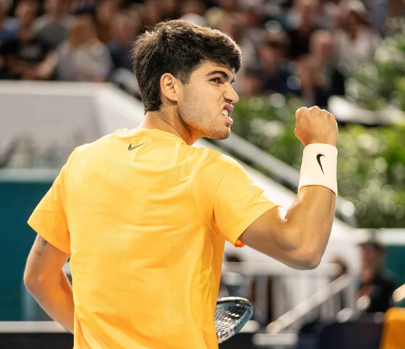 Alcaraz Celebrates beating Brazil's Fonseca at the Miami Open 2026
