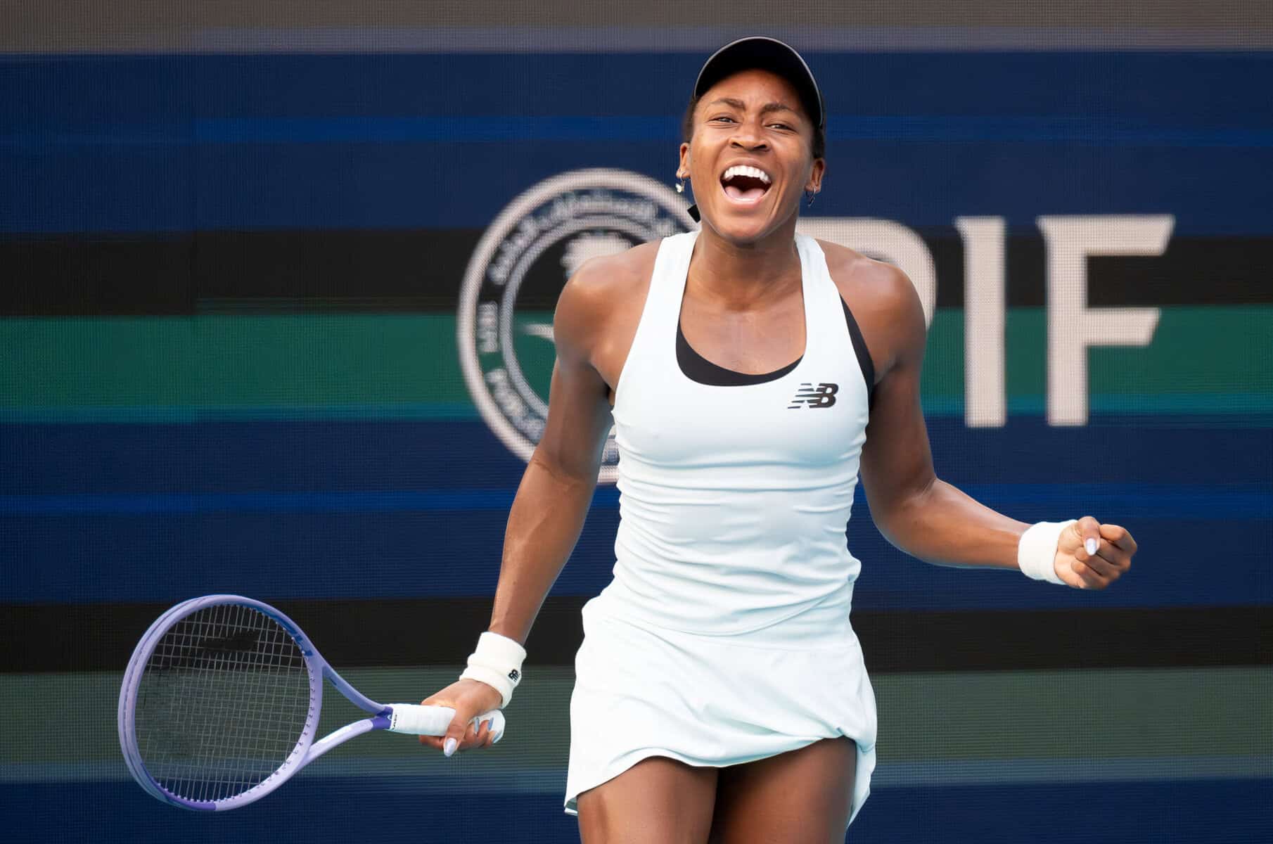 Coco Gauff celebrates during her 6-1, 6-1 semifinal win over Karolina Muchova at the Miami Open, Thursday, March 26, 2026.
