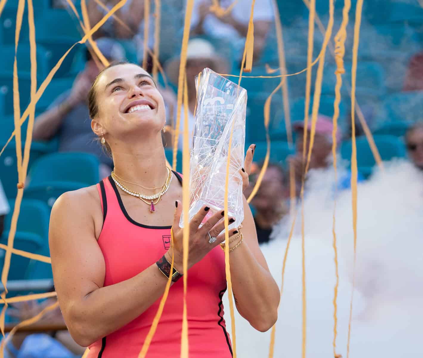Aryna Sabalenka holds the Miami Open trophy after defeating Coco Gauff in the 2026 women’s final in Miami Gardens, Florida.