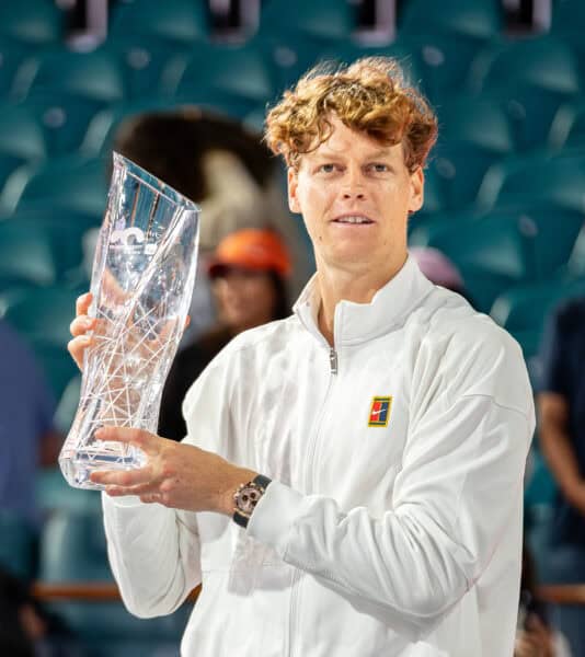 Jannik Sinner holds the Miami Open trophy after winning the 2026 men's singles final at Hard Rock Stadium