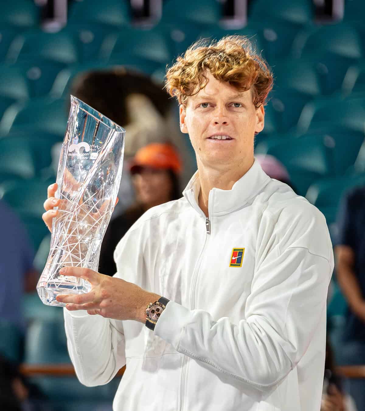 Jannik Sinner holds the Miami Open trophy after winning the 2026 men's singles final at Hard Rock Stadium