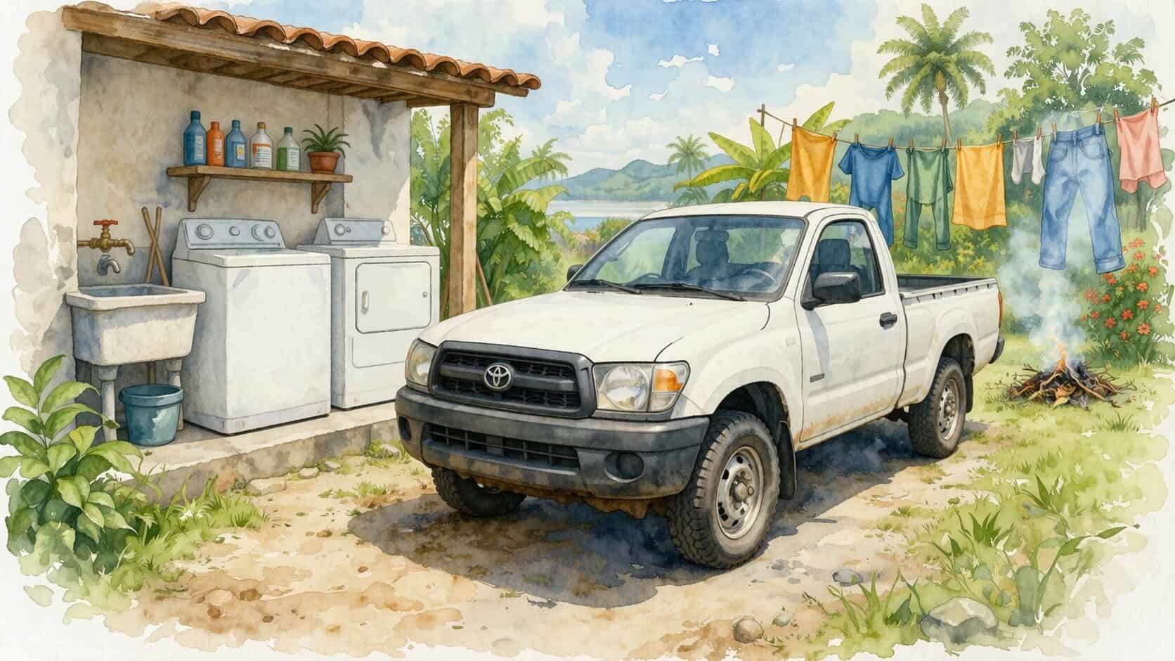 Watercolor illustration of a white pickup truck parked beside an outdoor washer and dryer in a tropical Costa Rica yard with a clothesline, palm trees, and beachside hills in the background.