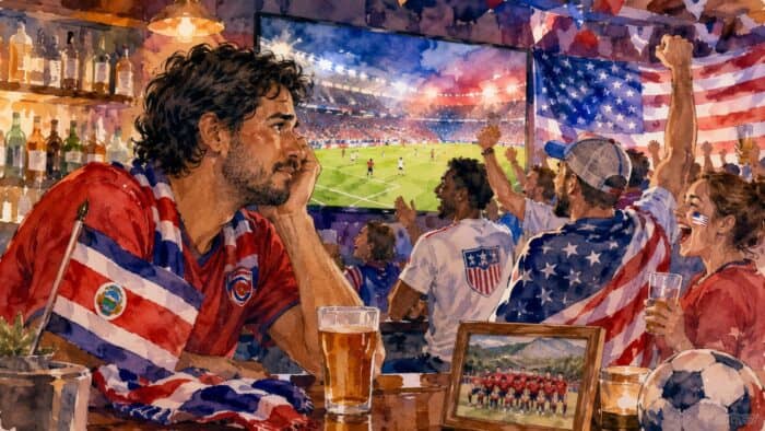 Watercolor illustration of a wistful Costa Rica soccer fan watching the 2026 World Cup in a lively U.S. sports bar, surrounded by cheering American fans, flags and a framed memory of La Sele.