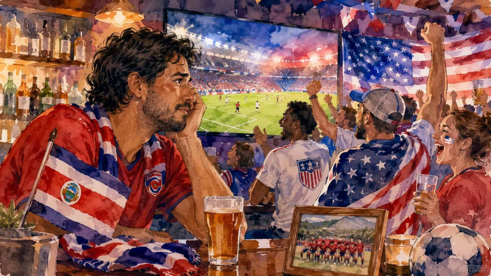Watercolor illustration of a wistful Costa Rica soccer fan watching the 2026 World Cup in a lively U.S. sports bar, surrounded by cheering American fans, flags and a framed memory of La Sele.