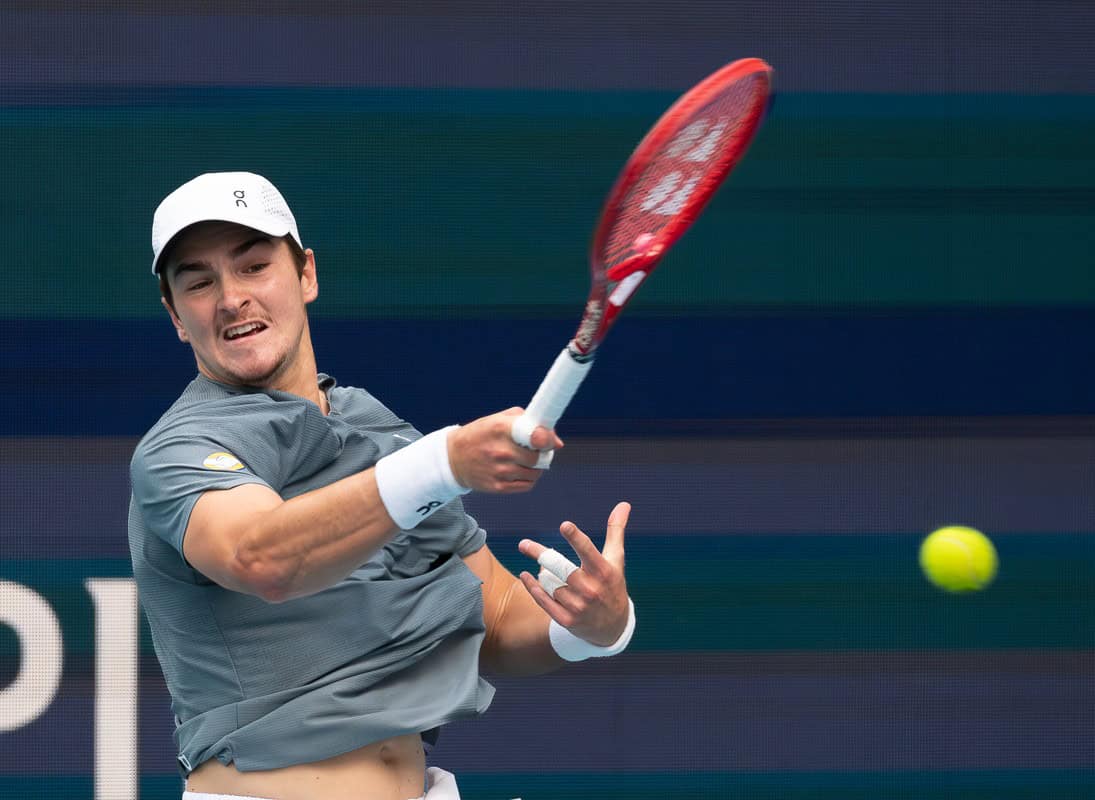 Brazil Joao Fonseca hits a return at the Miami Open