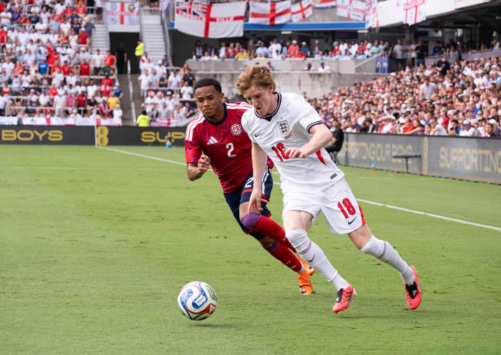 England and Costa Rica players chase the ball during a 2026 pre-World Cup friendly in Orlando.
