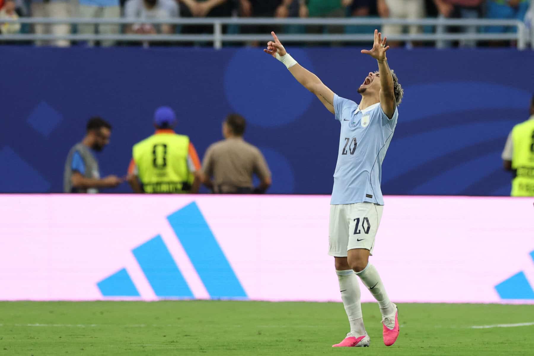 Uruguay's midfielder #20 Maximiliano Araujo celebrates after scoring at the World Cup