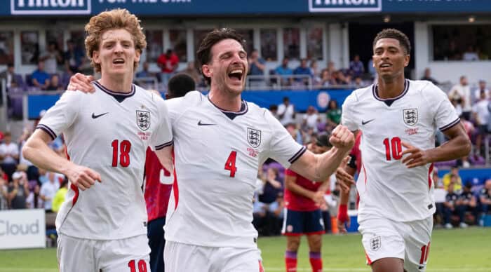 Declan Rice celebrates England’s opening goal against Costa Rica with teammates during an international friendly in Orlando.