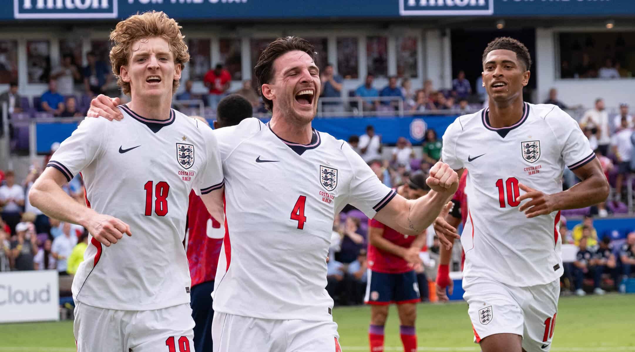 Declan Rice celebrates England’s opening goal against Costa Rica with teammates during an international friendly in Orlando.