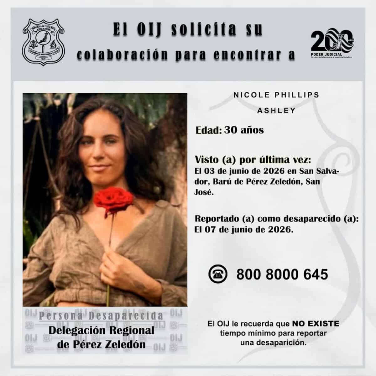Ashley Nicole Phillips was last seen June 3 in San Salvador de Barú, Pérez Zeledón, according to Costa Rica’s OIJ