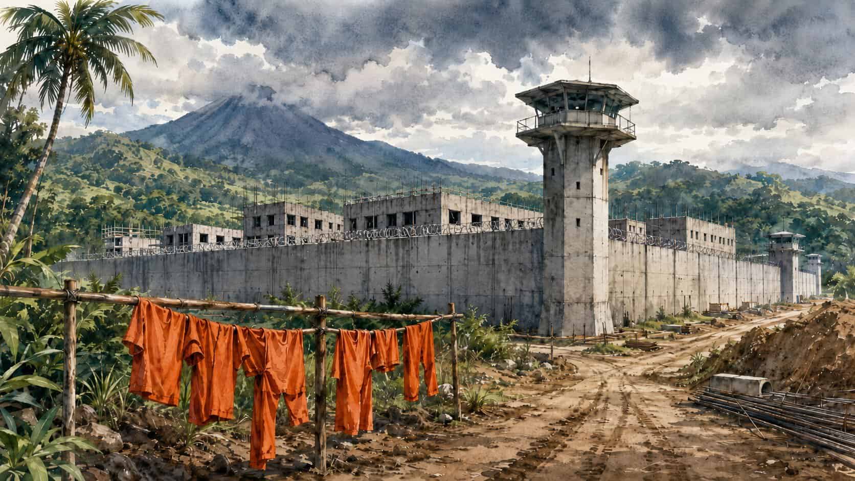 Watercolor illustration of an unfinished maximum-security prison in Costa Rica, with concrete walls, guard towers, orange uniforms, tropical vegetation and mountains.