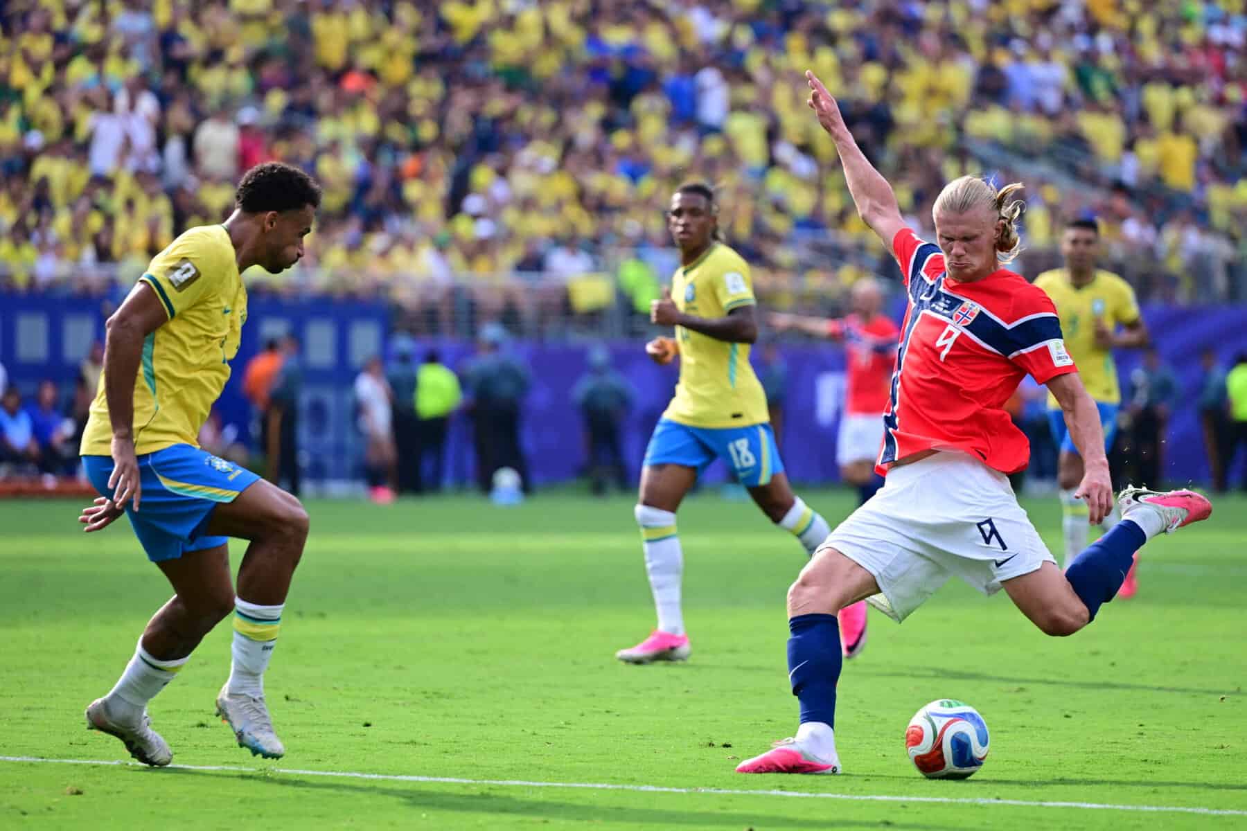 Erling Haaland of Norway scores a goal during the FIFA World Cup 2026 Round of 16 match against Brazil