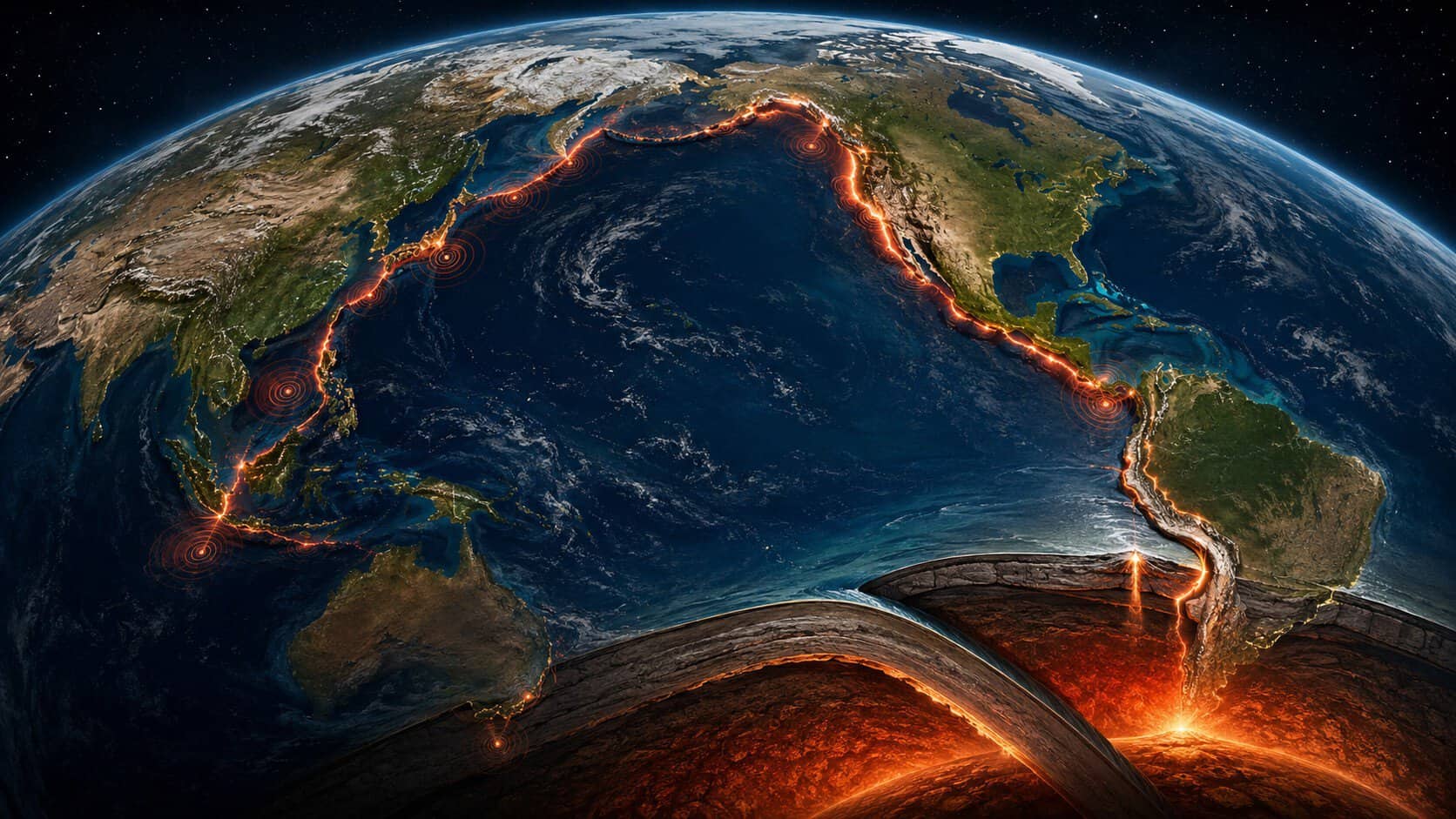 Editorial illustration showing the Pacific Ring of Fire and tectonic activity extending through Central and South America