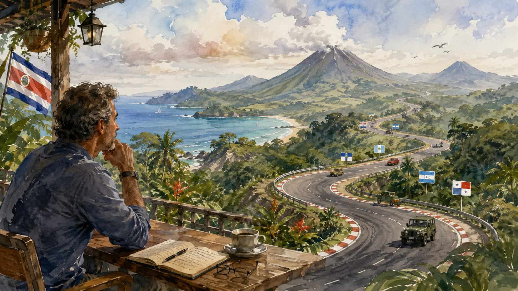 Watercolor illustration of an expat in Costa Rica looking across a tropical landscape as Central American nations compete for tourism.
