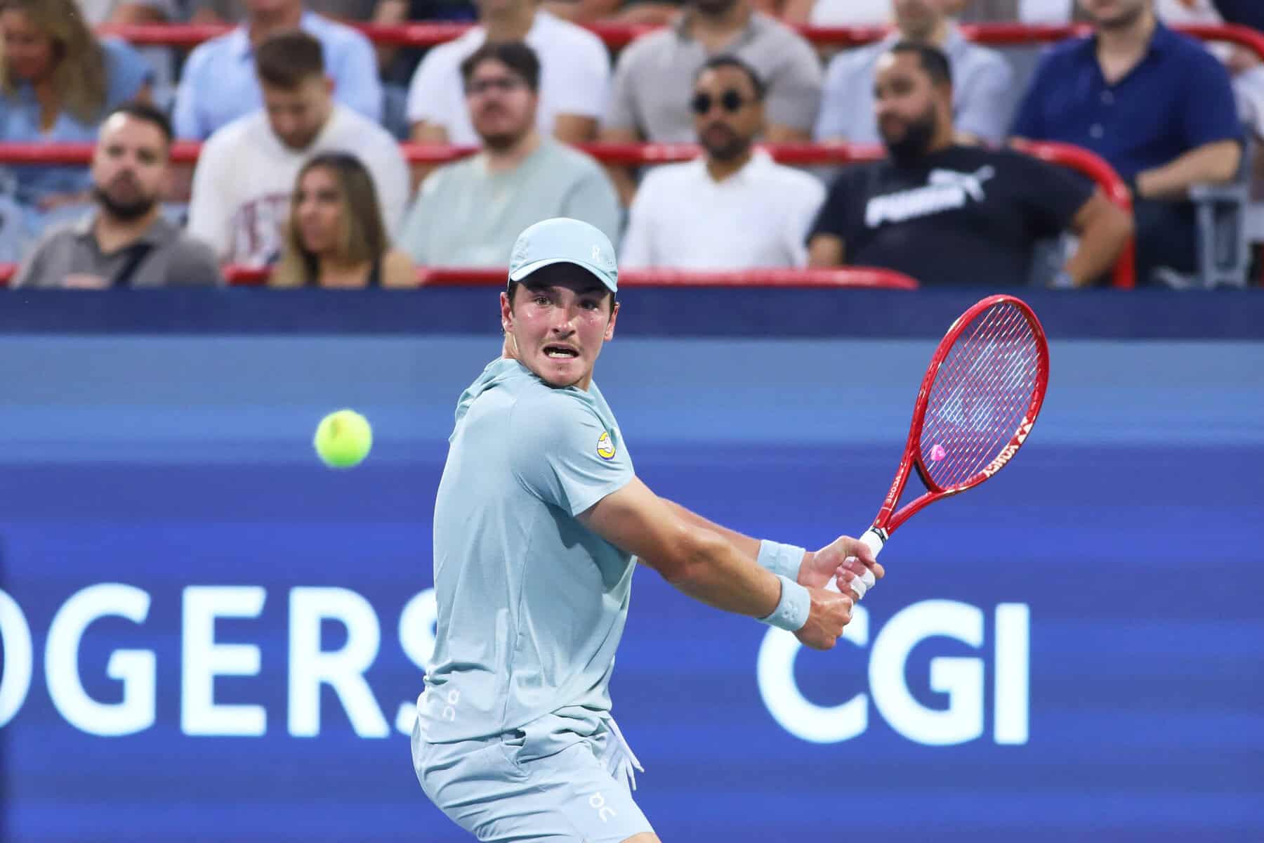 Joao Fonseca of Brazil plays a backhand in Montreal