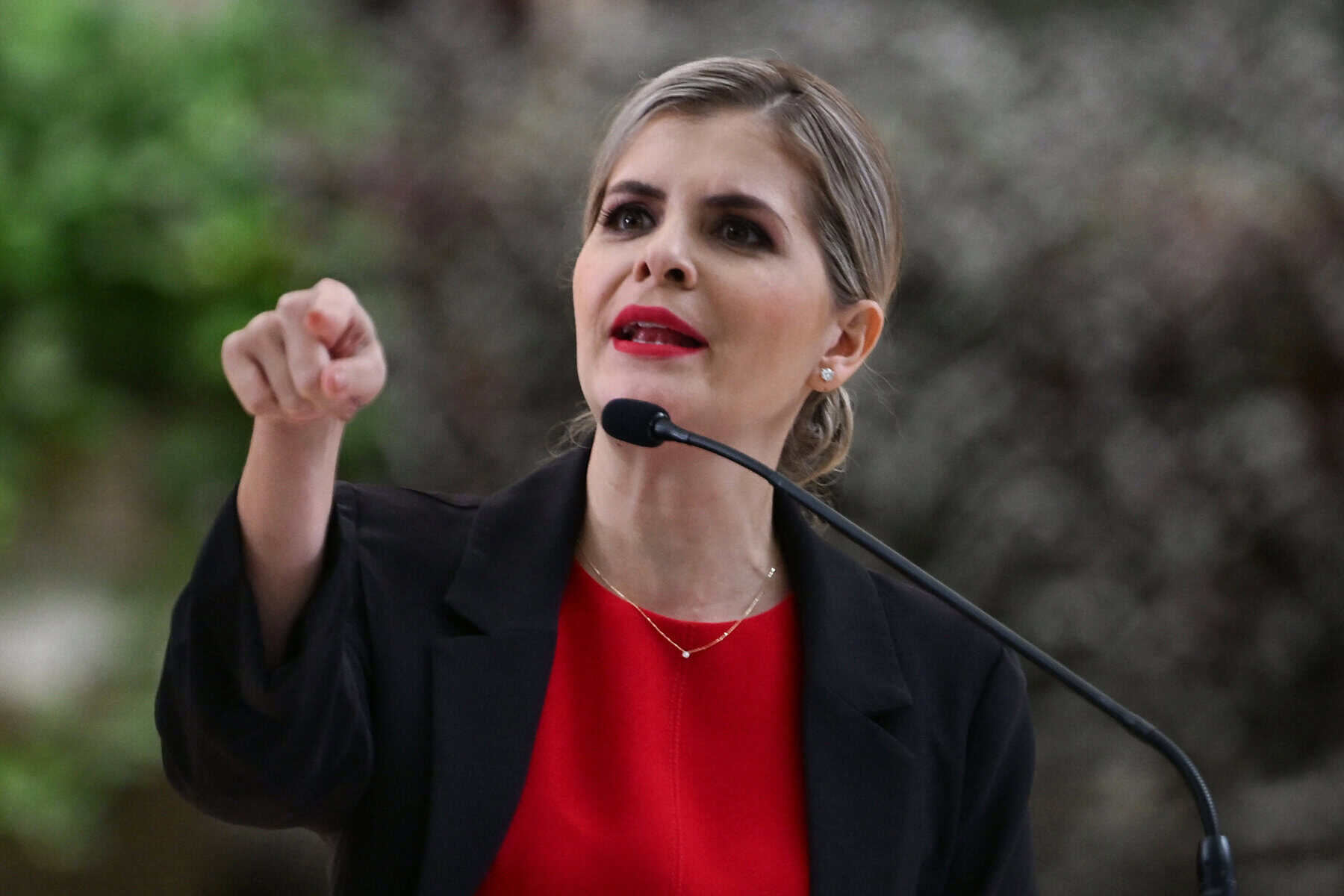 Costa Rica's President Laura Fernandez at a press conference