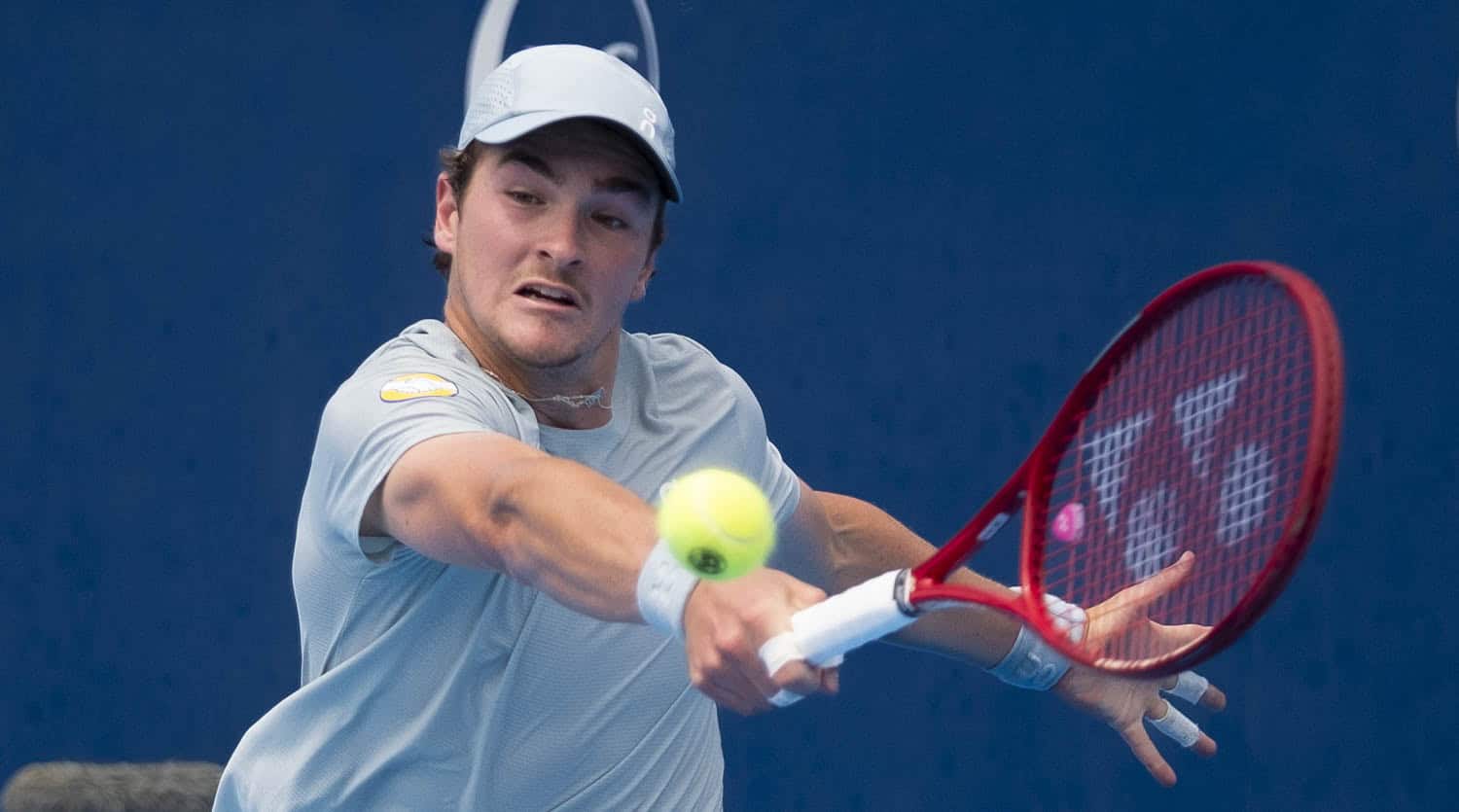Joao Fonseca of Brazil stretches for a return at the Cincinnati Open 2026