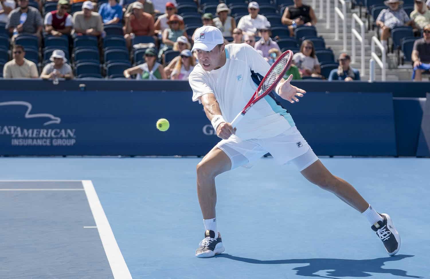 Brandon Nakashima celebrates after defeating Daniil Medvedev at the Cincinnati Open.