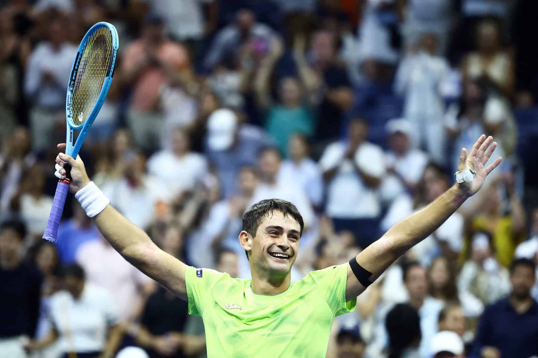 Argentina's Mariano Navone celebrates after upsetting Serbia's Novak Djokovic